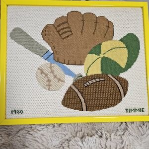 Framed Cross Stitch Sports Collage - Brown, Green, Yellow